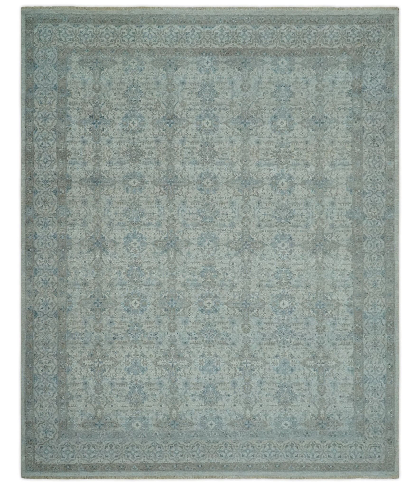 Antique Distress finish Silver, Teal and Brown Hand Knotted Traditional 8x10 wool Rug - Tampa Home & Garden Store
