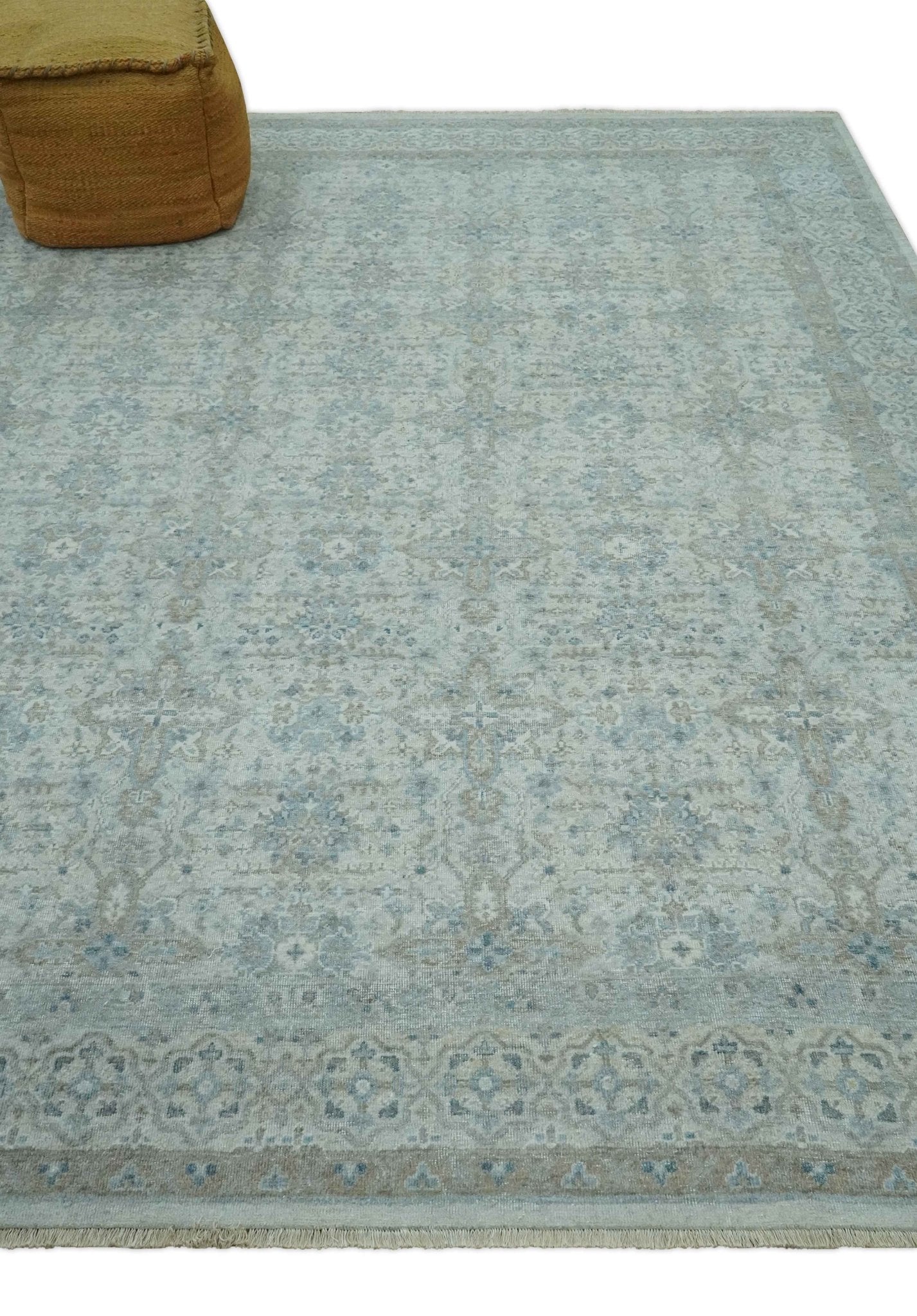 Antique Distress finish Silver, Teal and Brown Hand Knotted Traditional 8x10 wool Rug - Tampa Home & Garden Store