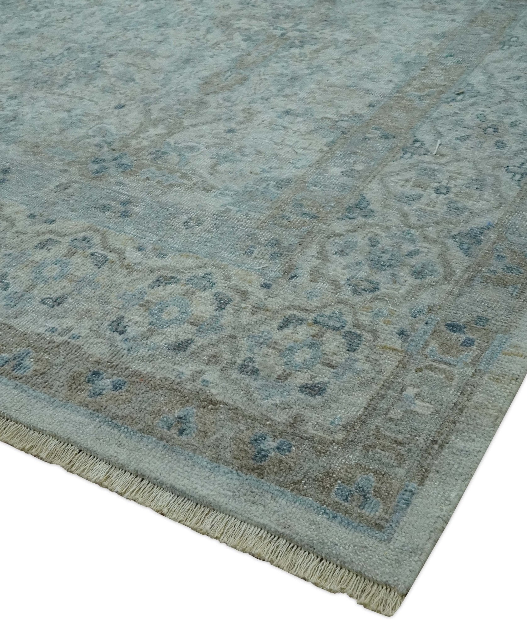 Antique Distress finish Silver, Teal and Brown Hand Knotted Traditional 8x10 wool Rug - Tampa Home & Garden Store
