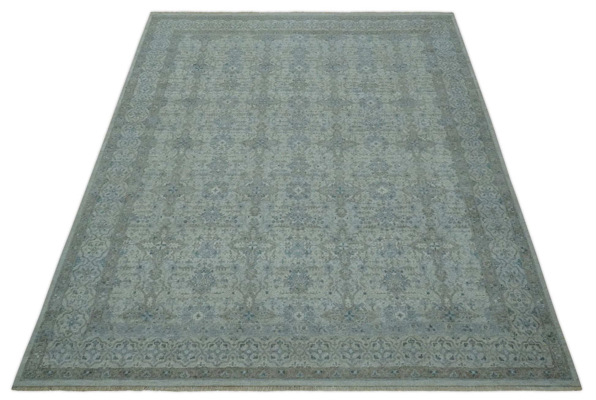 Antique Distress finish Silver, Teal and Brown Hand Knotted Traditional 8x10 wool Rug - Tampa Home & Garden Store