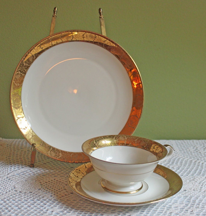 Antique Eschenbach Bavarian Porcelain Tea Trio: Gold Floral Cup, Saucer, Plate - Tampa Home & Garden Store
