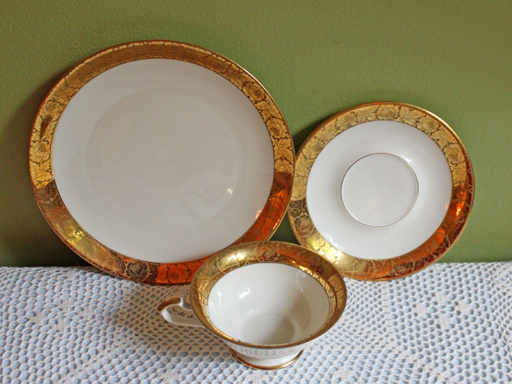 Antique Eschenbach Bavarian Porcelain Tea Trio: Gold Floral Cup, Saucer, Plate - Tampa Home & Garden Store