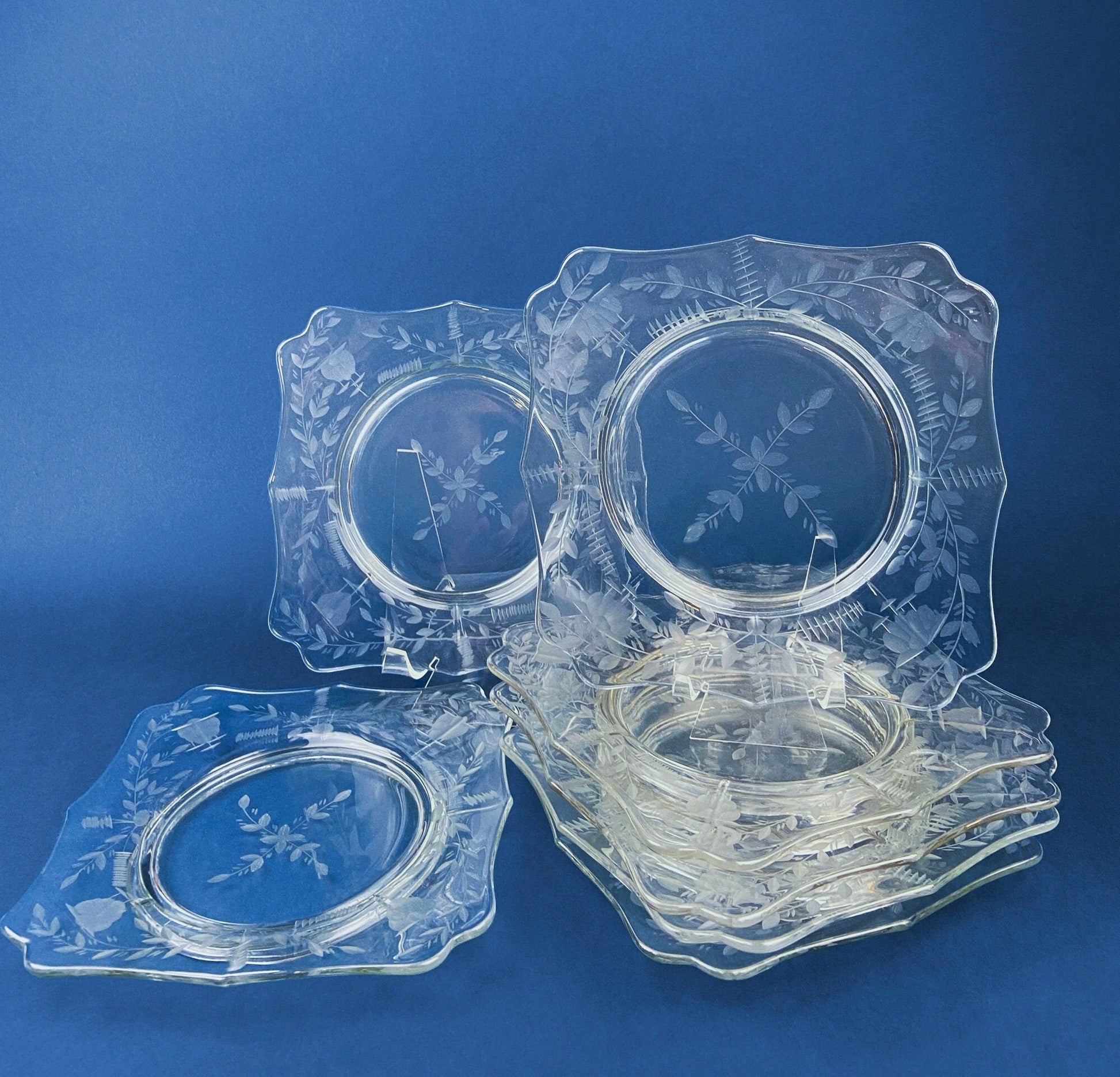 Antique Etched Glass Dessert Plates or Salad Plates. Set of Seven Square Serving Plates with Scalloped Edges. Fine Dining. Glass Tableware. - Tampa Home & Garden Store