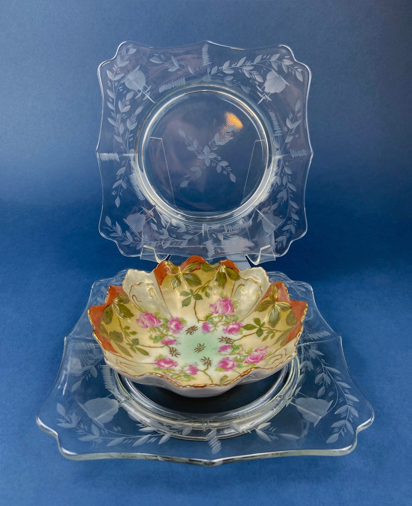 Antique Etched Glass Dessert Plates or Salad Plates. Set of Seven Square Serving Plates with Scalloped Edges. Fine Dining. Glass Tableware. - Tampa Home & Garden Store