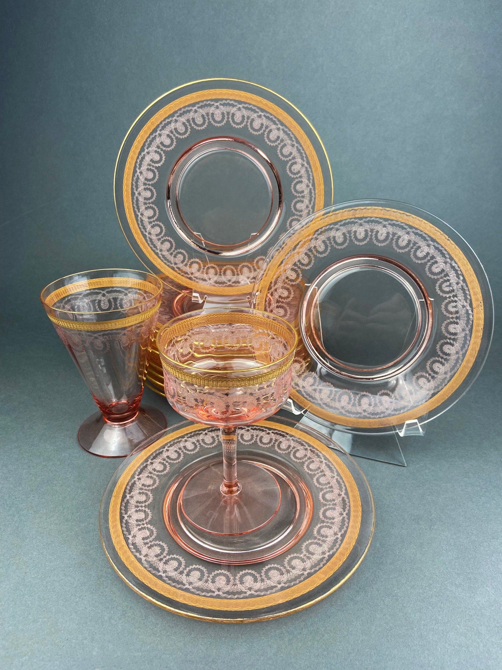 Antique Etched Glass Dessert Plates or Salad Plates. Set of Seven Square Serving Plates with Scalloped Edges. Fine Dining. Glass Tableware. - Tampa Home & Garden Store