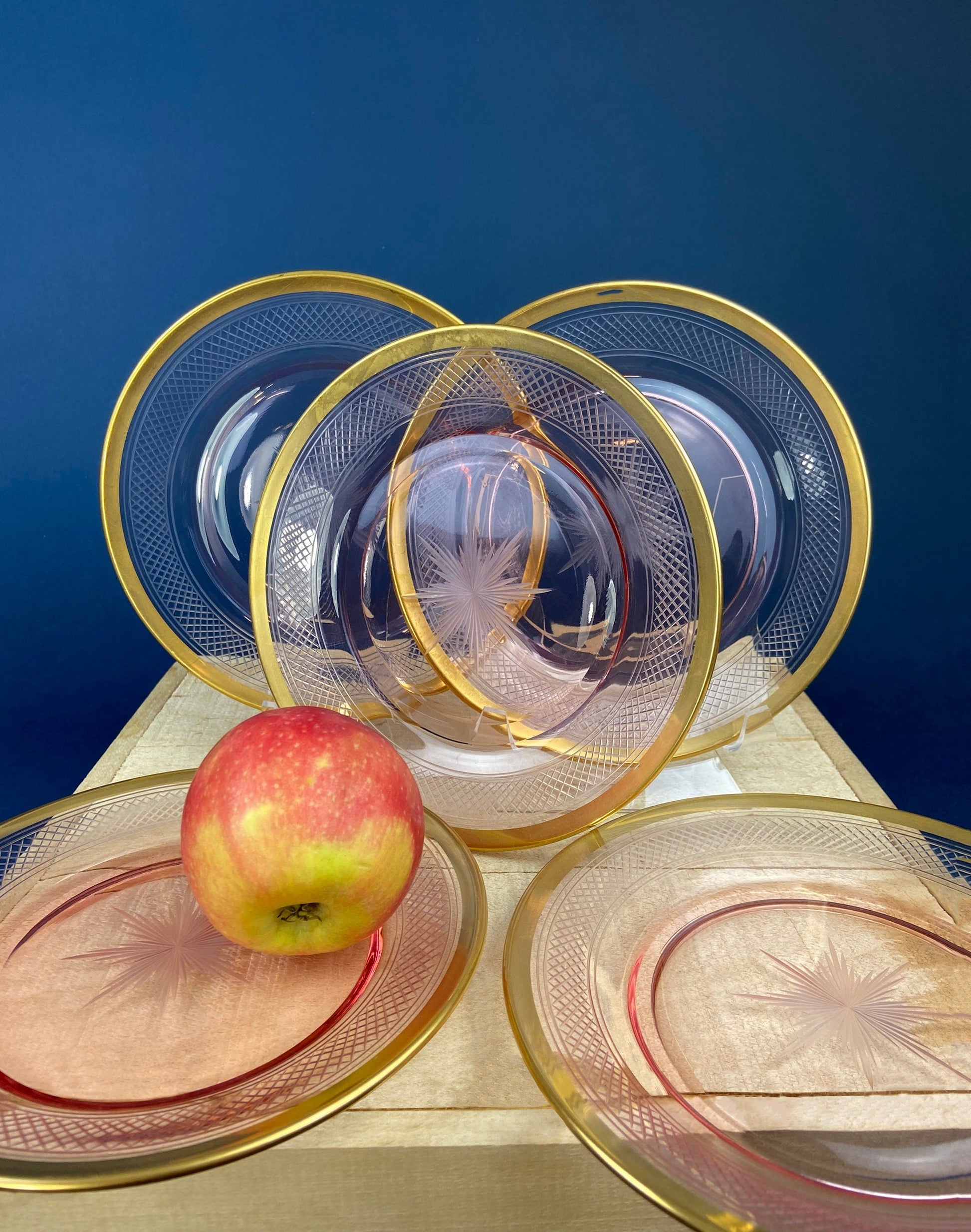 Antique Etched Pink Glass Dessert/Salad Plates With Gold Rims. Set of Five. Etched Star & Waffle Brim. Holiday Dining. Fine Dining. - Tampa Home & Garden Store