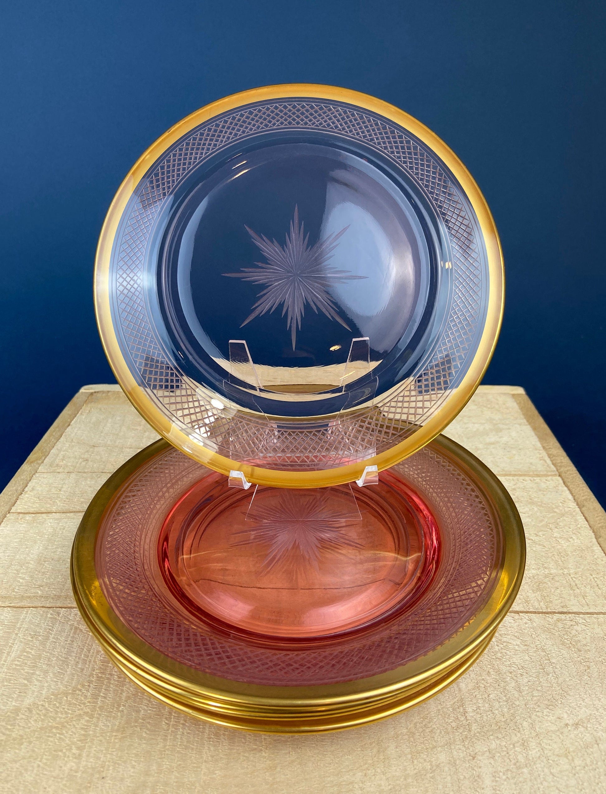 Antique Etched Pink Glass Dessert/Salad Plates With Gold Rims. Set of Five. Etched Star & Waffle Brim. Holiday Dining. Fine Dining. - Tampa Home & Garden Store