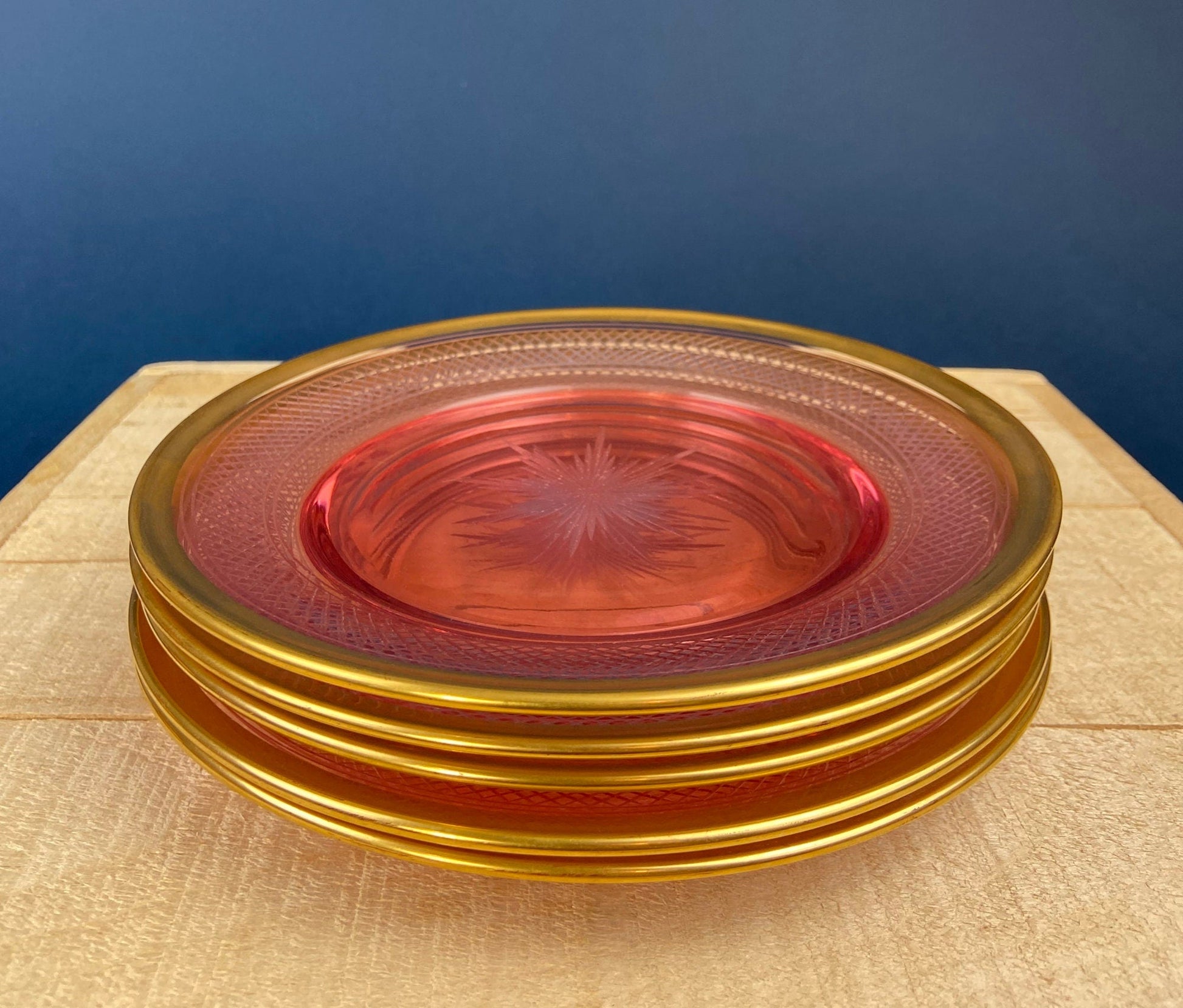 Antique Etched Pink Glass Dessert/Salad Plates With Gold Rims. Set of Five. Etched Star & Waffle Brim. Holiday Dining. Fine Dining. - Tampa Home & Garden Store