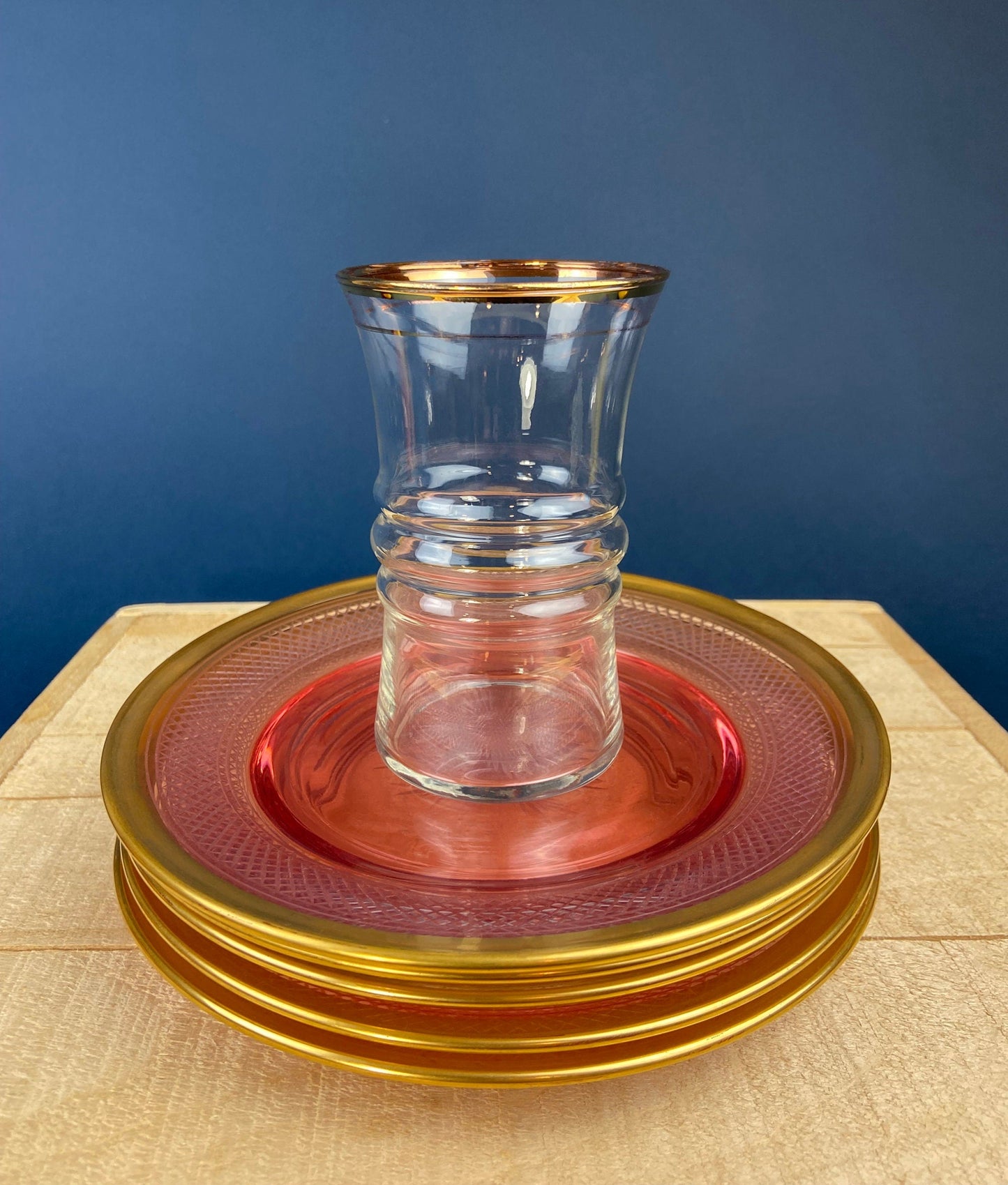 Antique Etched Pink Glass Dessert/Salad Plates With Gold Rims. Set of Five. Etched Star & Waffle Brim. Holiday Dining. Fine Dining. - Tampa Home & Garden Store