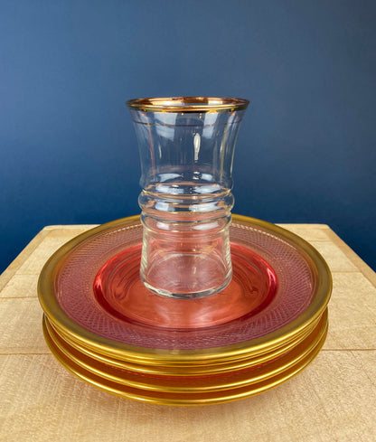 Antique Etched Pink Glass Dessert/Salad Plates With Gold Rims. Set of Five. Etched Star & Waffle Brim. Holiday Dining. Fine Dining. - Tampa Home & Garden Store