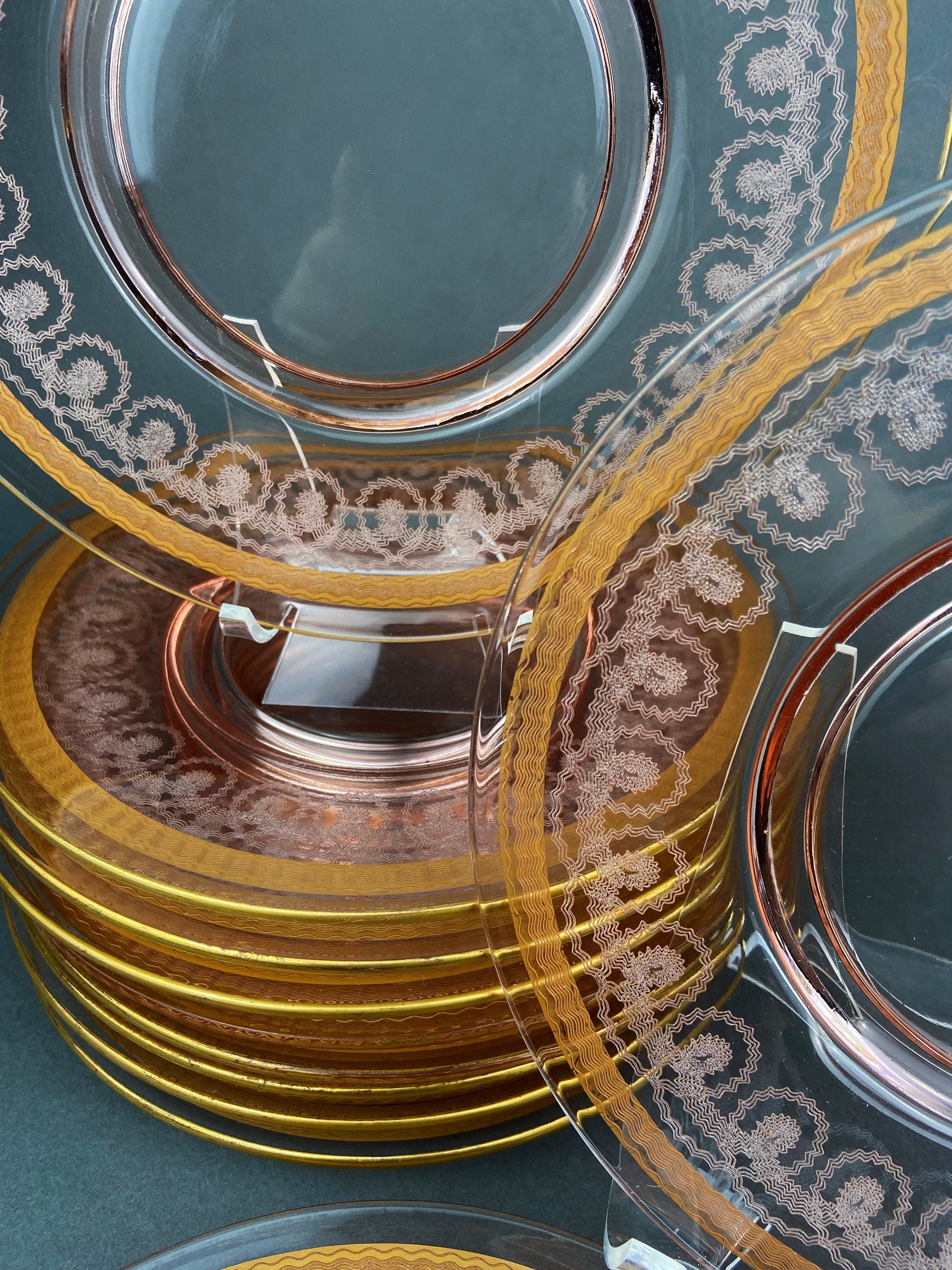 Antique Etched Pink Glass Dessert/Salad Plates With Gold Rims. Set of Five. Etched Star & Waffle Brim. Holiday Dining. Fine Dining. - Tampa Home & Garden Store