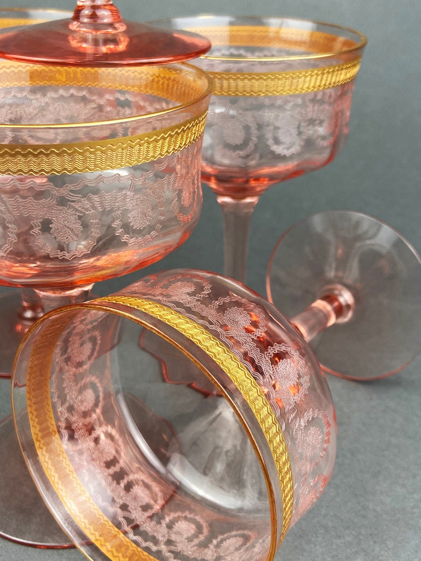 Antique Etched Pink Glass Dessert/Salad Plates With Gold Rims. Set of Five. Etched Star & Waffle Brim. Holiday Dining. Fine Dining. - Tampa Home & Garden Store
