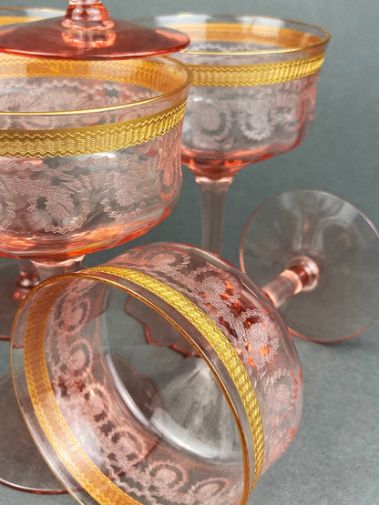 Antique Etched Pink Glass Dessert/Salad Plates With Gold Rims. Set of Five. Etched Star & Waffle Brim. Holiday Dining. Fine Dining. - Tampa Home & Garden Store