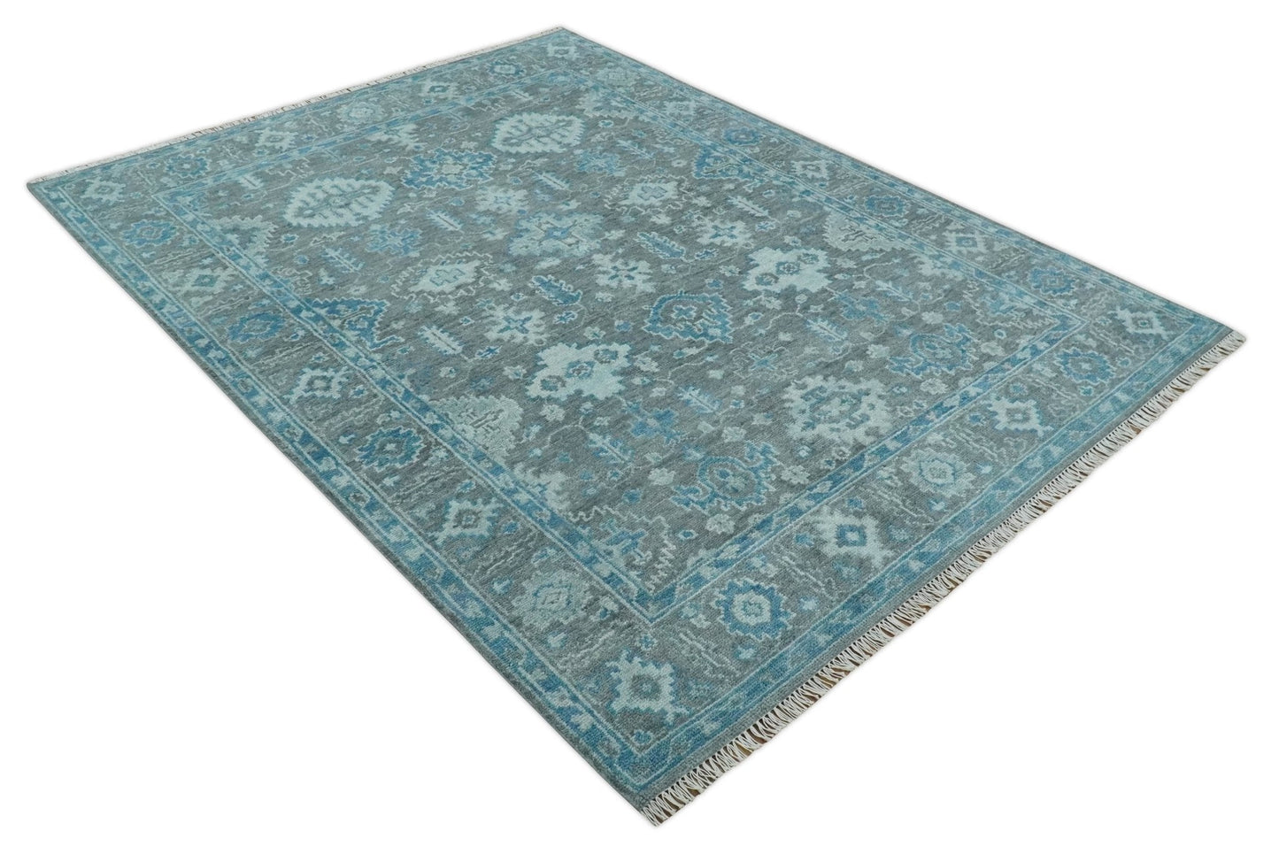 Antique Gray and Blue Hand Knotted 8x10 Oushak Turkish Wool Area Rug - Tampa Home & Garden Store