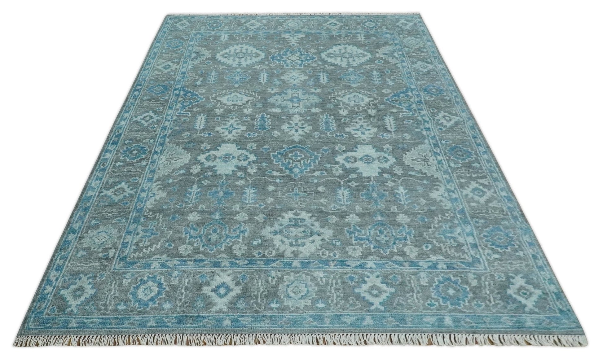 Antique Gray and Blue Hand Knotted 8x10 Oushak Turkish Wool Area Rug - Tampa Home & Garden Store