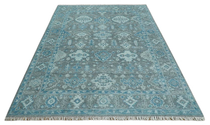 Antique Gray and Blue Hand Knotted 8x10 Oushak Turkish Wool Area Rug - Tampa Home & Garden Store