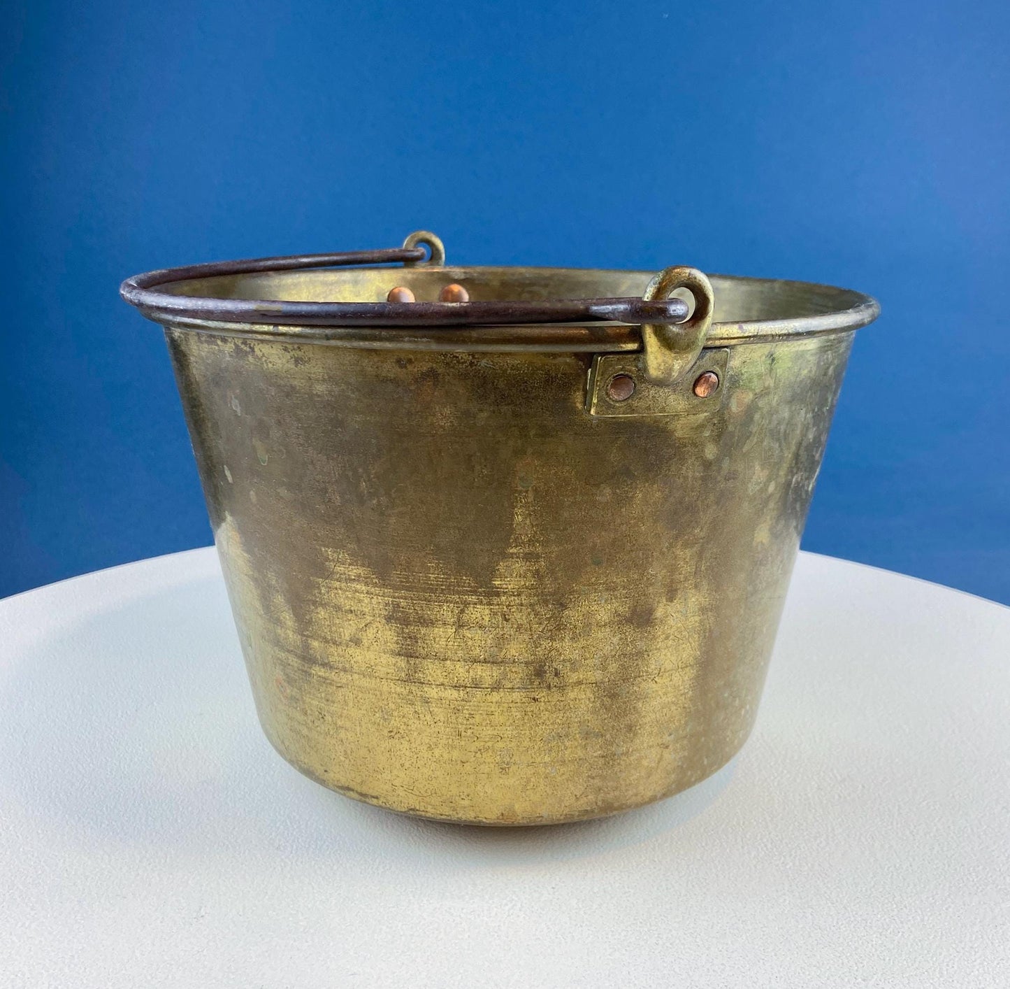 Antique Hand-Hammered Brass Bucket with Wrought Iron Handle: Rustic Farmhouse Decor - Tampa Home & Garden Store