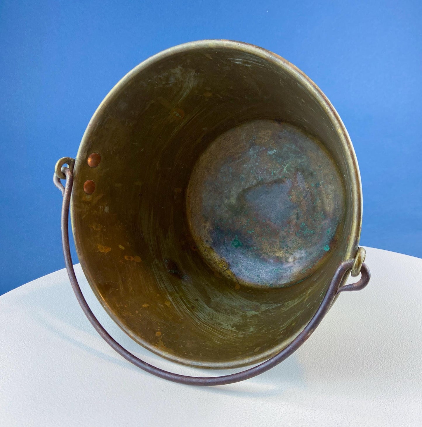 Antique Hand-Hammered Brass Bucket with Wrought Iron Handle: Rustic Farmhouse Decor - Tampa Home & Garden Store