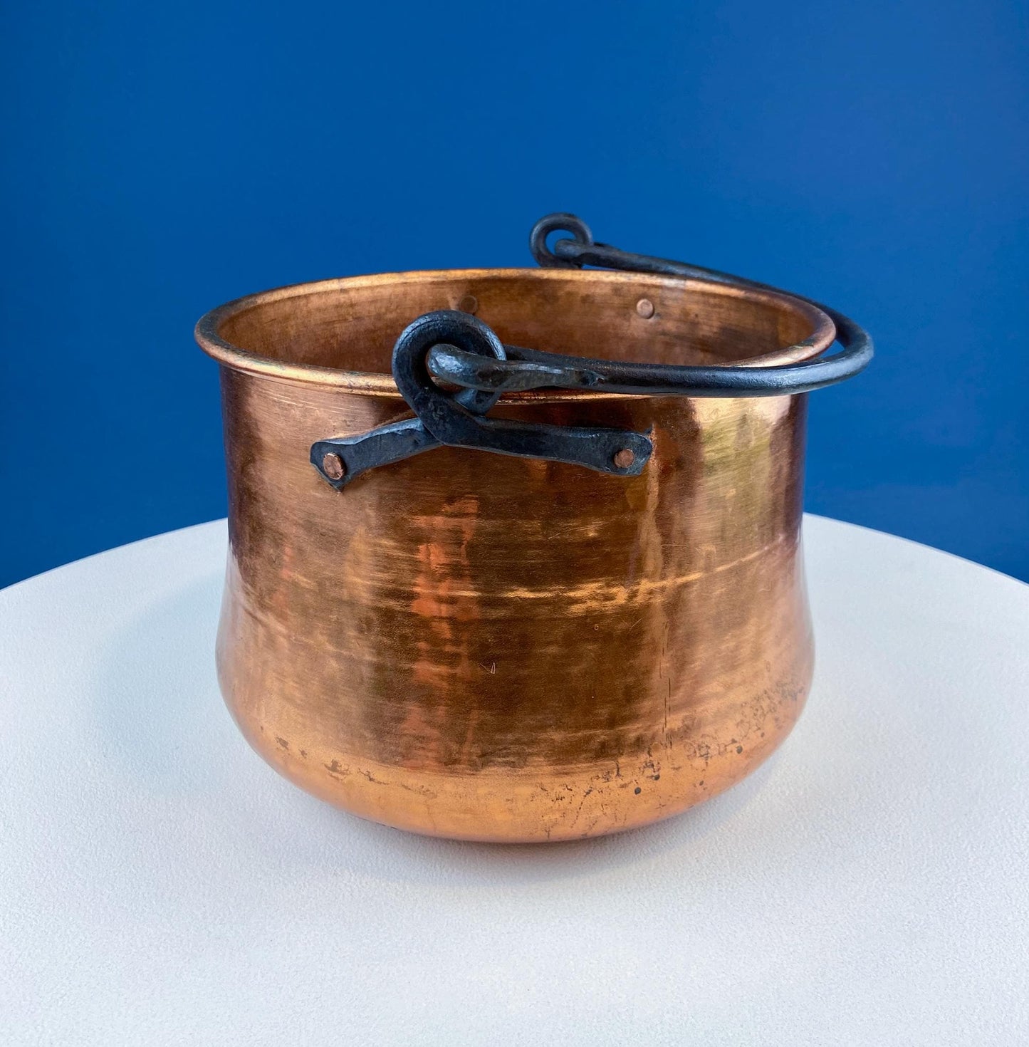 Antique Hand-Hammered Brass Bucket with Wrought Iron Handle: Rustic Farmhouse Decor - Tampa Home & Garden Store