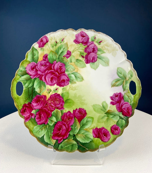 Antique Hand Painted Red Roses Serving or Decorative Plate. Luxurious Dining or Collectible Display. French Country Living. Wedding Gift. - Tampa Home & Garden Store