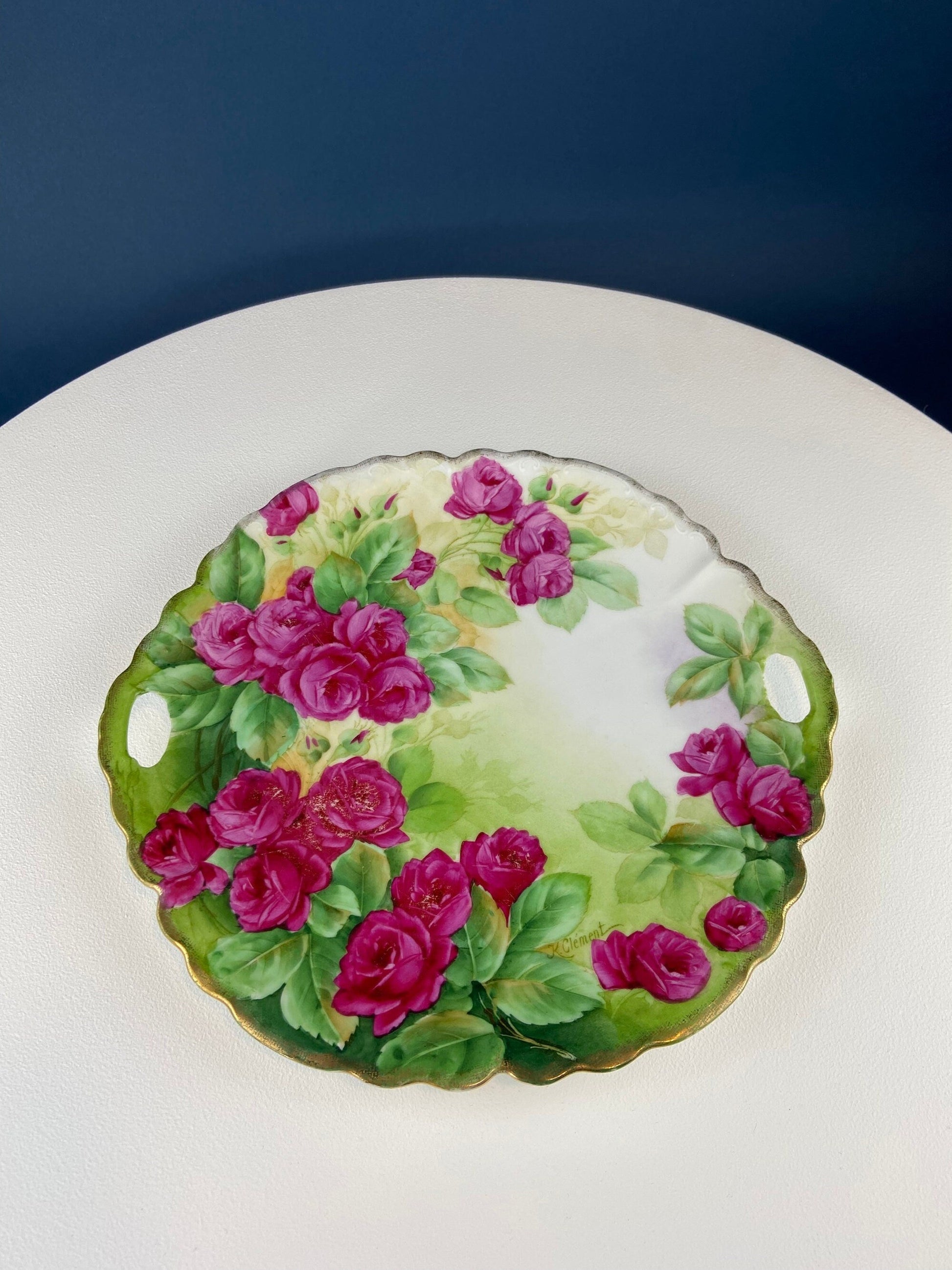 Antique Hand Painted Red Roses Serving or Decorative Plate. Luxurious Dining or Collectible Display. French Country Living. Wedding Gift. - Tampa Home & Garden Store