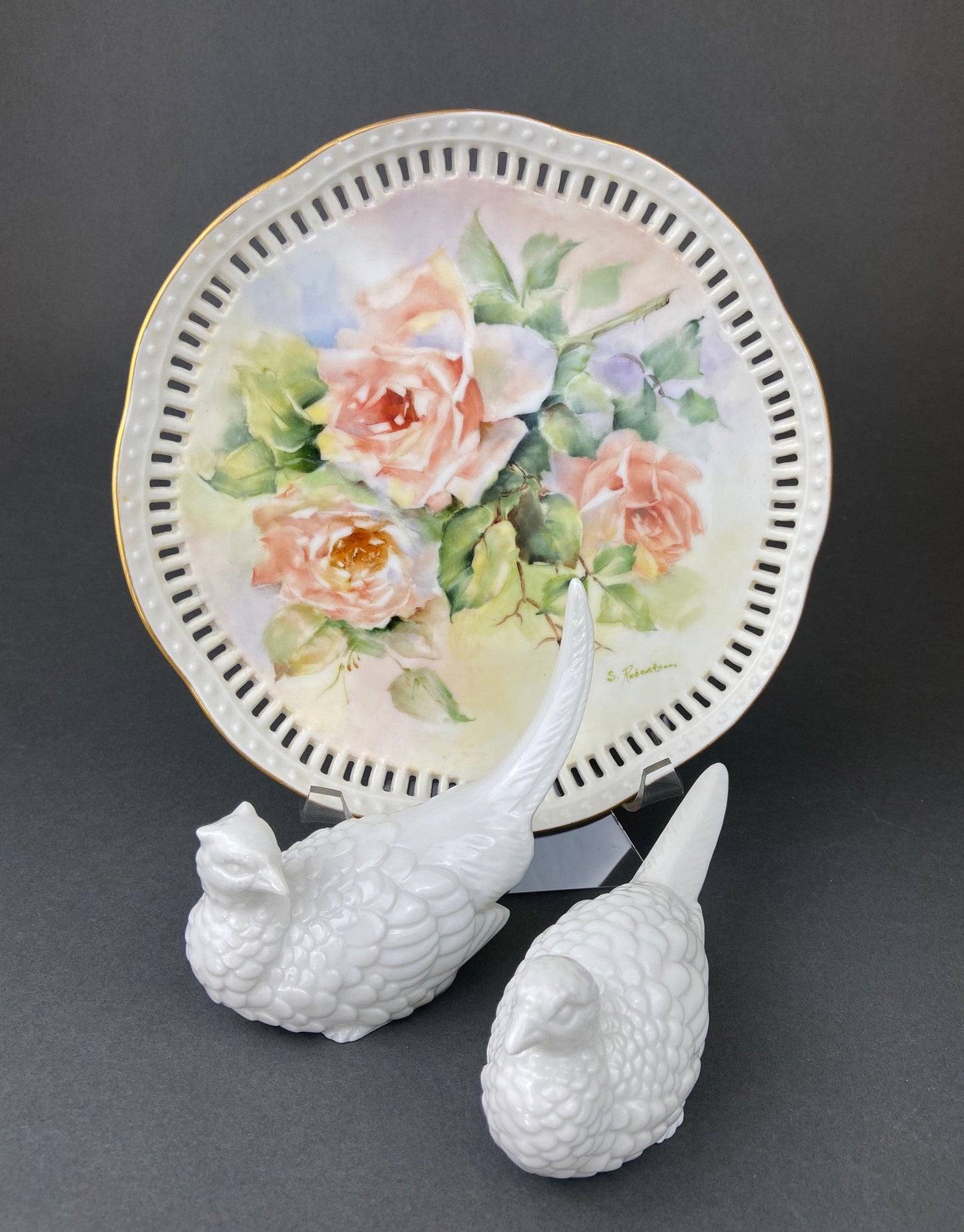 Antique Hand Painted Red Roses Serving or Decorative Plate. Luxurious Dining or Collectible Display. French Country Living. Wedding Gift. - Tampa Home & Garden Store