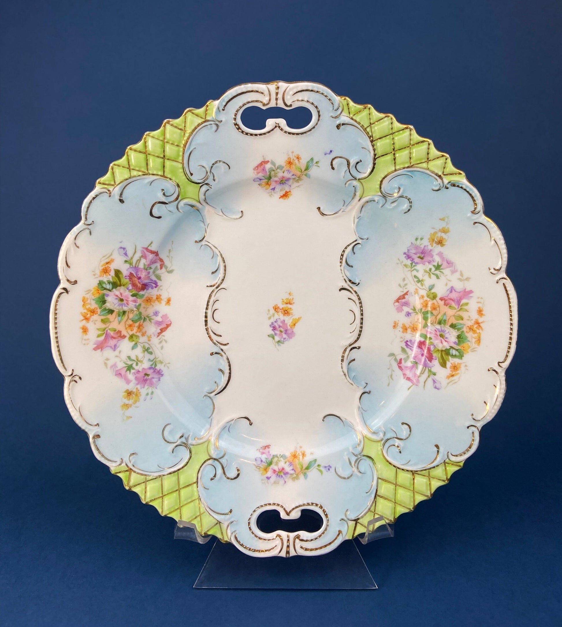 Antique Hand Painted Serving Plate with Gold Lattice. Porcelain Platter with Wild Flowers Motif. - Tampa Home & Garden Store