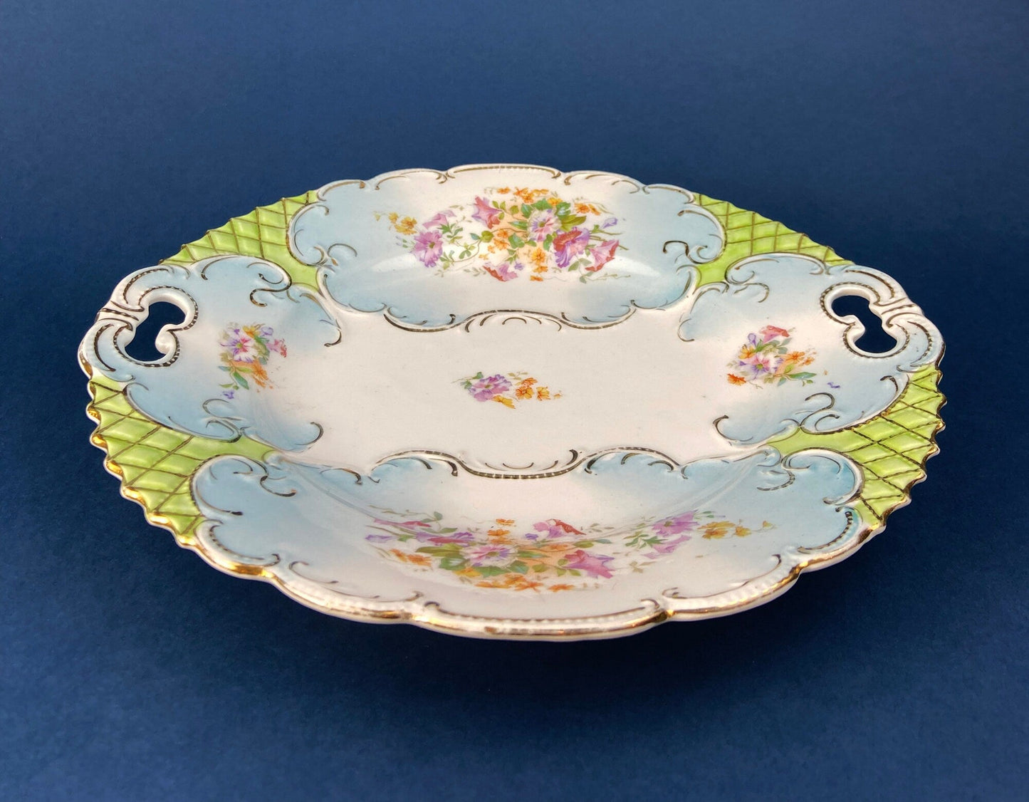 Antique Hand Painted Serving Plate with Gold Lattice. Porcelain Platter with Wild Flowers Motif. - Tampa Home & Garden Store