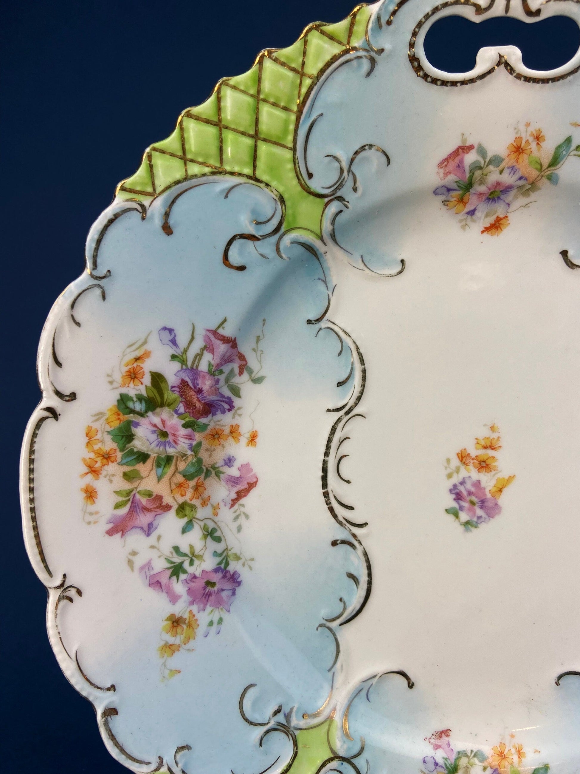 Antique Hand Painted Serving Plate with Gold Lattice. Porcelain Platter with Wild Flowers Motif. - Tampa Home & Garden Store