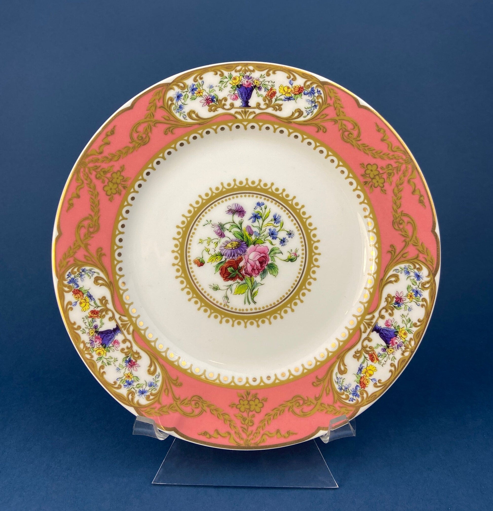 Antique Hand Painted Serving Plate with Gold Lattice. Porcelain Platter with Wild Flowers Motif. - Tampa Home & Garden Store