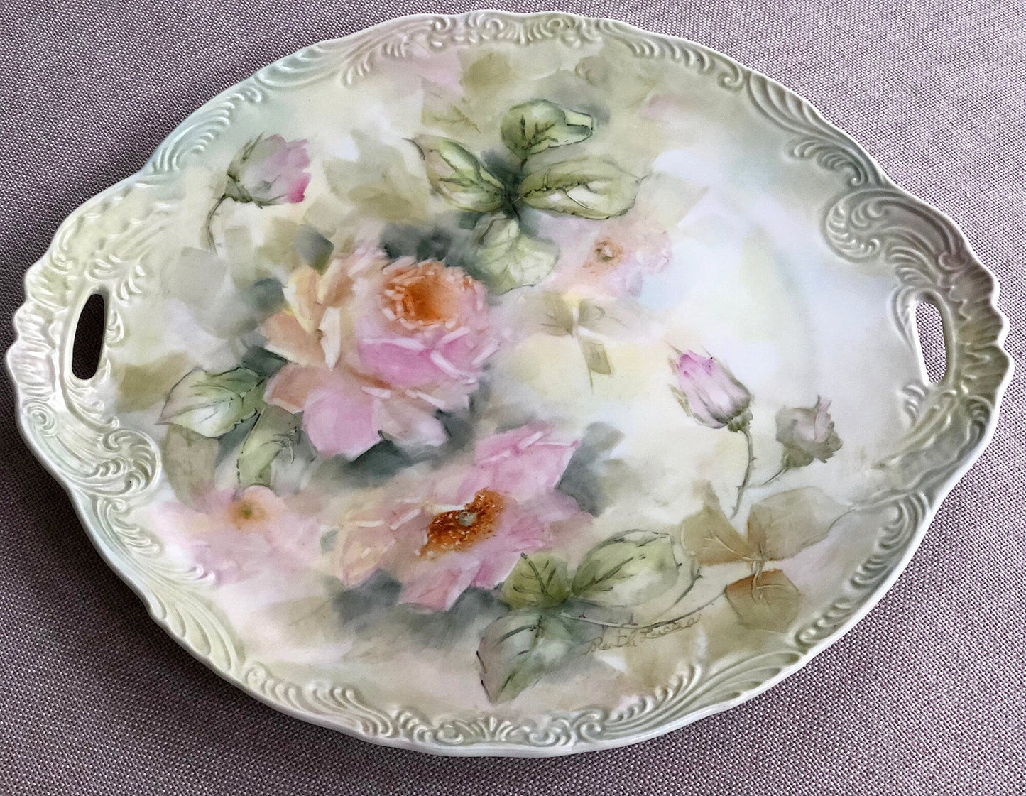 Antique Hand Painted Serving Plate with Gold Lattice. Porcelain Platter with Wild Flowers Motif. - Tampa Home & Garden Store
