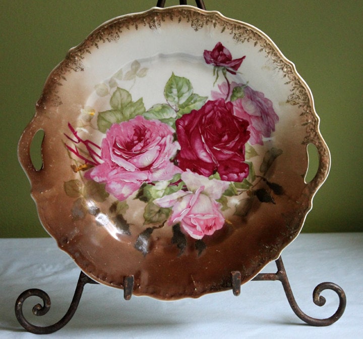Antique Hand Painted Serving Plate with Gold Lattice. Porcelain Platter with Wild Flowers Motif. - Tampa Home & Garden Store