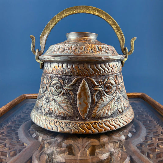 Antique Hand Pounded Copper & Tin Pail Storage Container or Vase with Lid and Brass Handle. Embossed Floral Folk Motif. Ethnic Home Decor. - Tampa Home & Garden Store