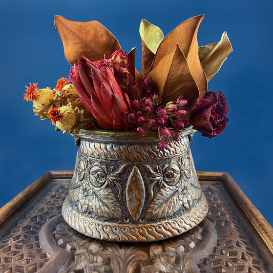 Antique Hand Pounded Copper & Tin Pail Storage Container or Vase with Lid and Brass Handle. Embossed Floral Folk Motif. Ethnic Home Decor. - Tampa Home & Garden Store