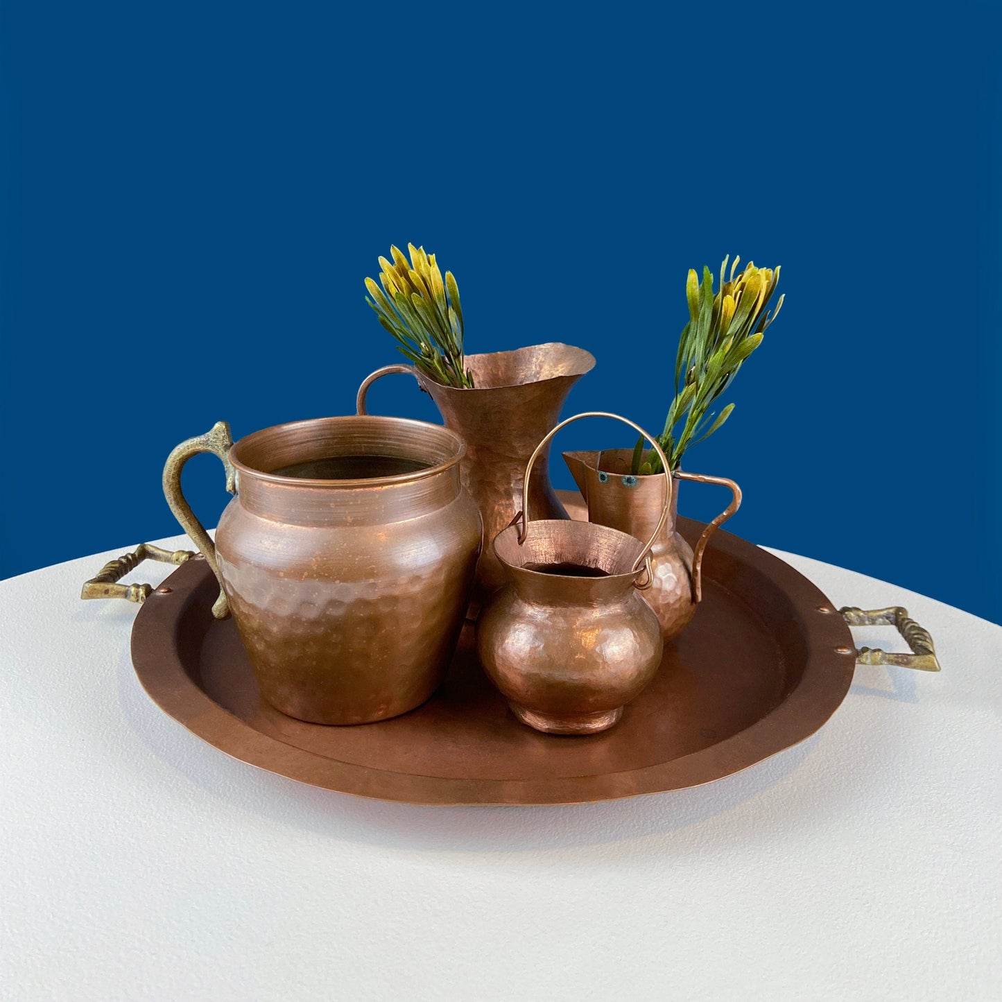 Antique Hand Pounded Copper & Tin Pail Storage Container or Vase with Lid and Brass Handle. Embossed Floral Folk Motif. Ethnic Home Decor. - Tampa Home & Garden Store