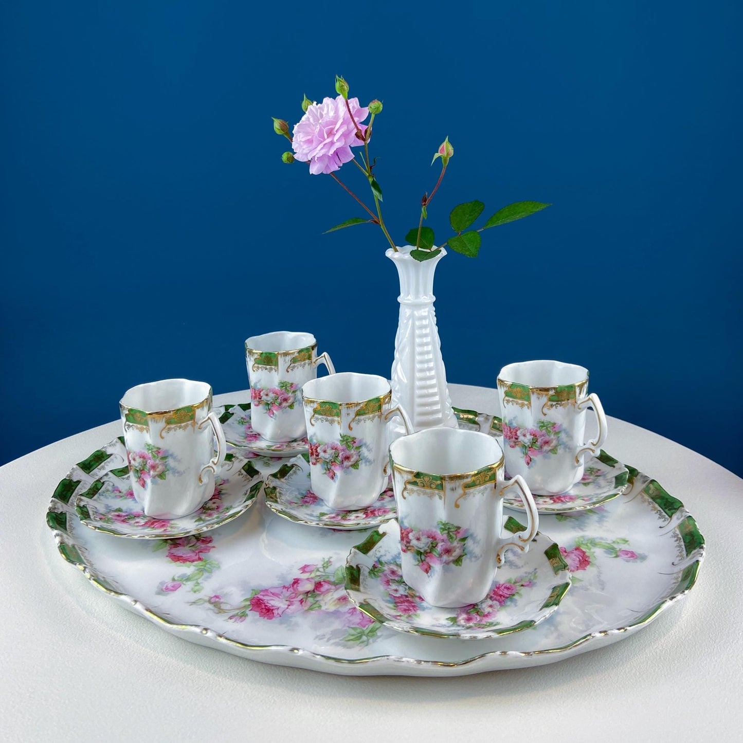 Antique Hot Chocolate or Coco Serving Set. Wild Roses Motif. Oval Hand-Painted Tray & Five Matching Cups. Anniversary Gift. Gift for Mom. - Tampa Home & Garden Store