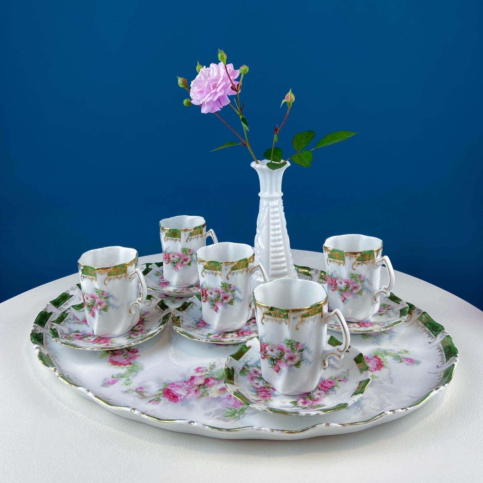 Antique Hot Chocolate or Coco Serving Set. Wild Roses Motif. Oval Hand-Painted Tray & Five Matching Cups. Anniversary Gift. Gift for Mom. - Tampa Home & Garden Store