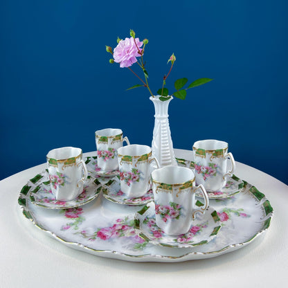 Antique Hot Chocolate or Coco Serving Set. Wild Roses Motif. Oval Hand-Painted Tray & Five Matching Cups. Anniversary Gift. Gift for Mom. - Tampa Home & Garden Store