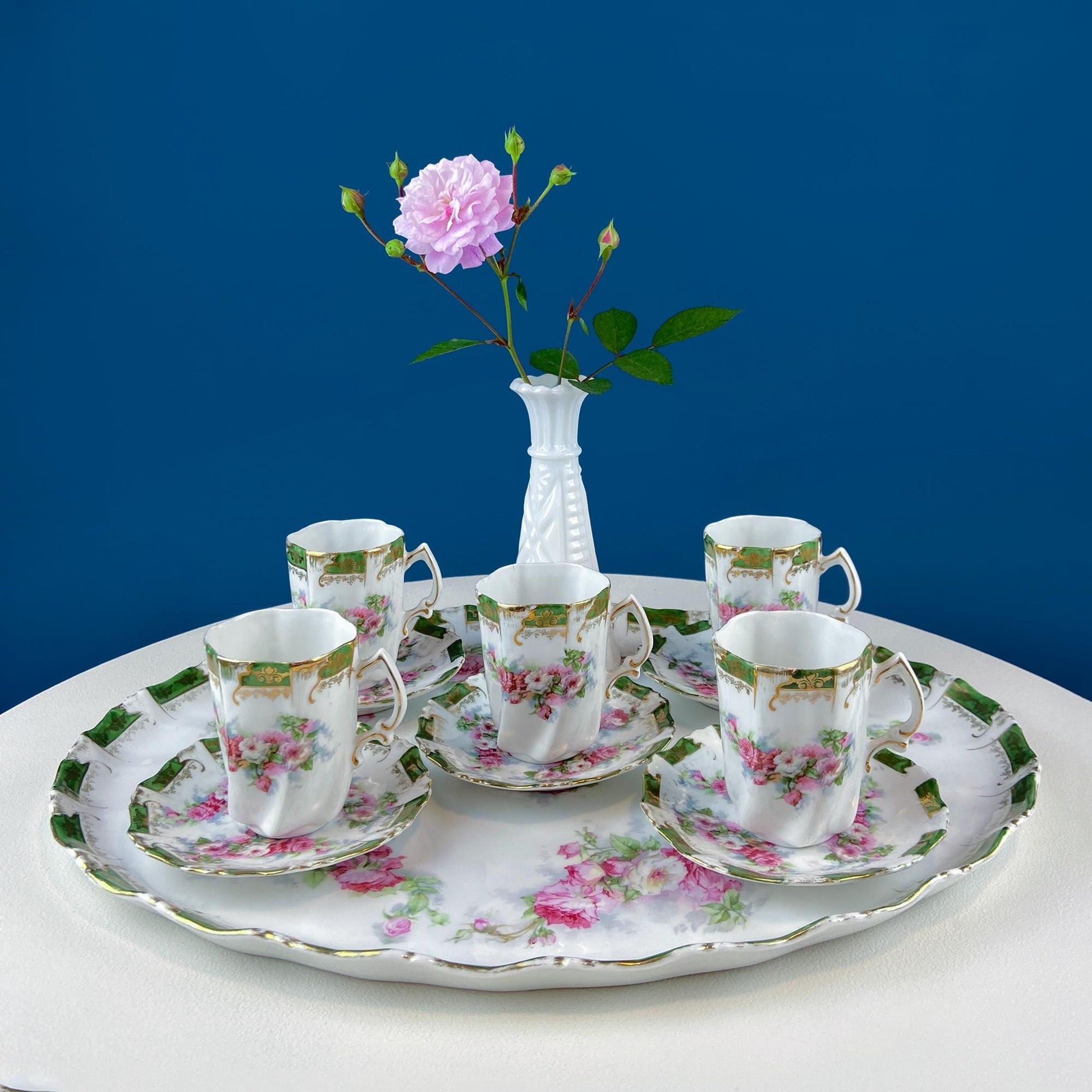 Antique Hot Chocolate or Coco Serving Set. Wild Roses Motif. Oval Hand-Painted Tray & Five Matching Cups. Anniversary Gift. Gift for Mom. - Tampa Home & Garden Store