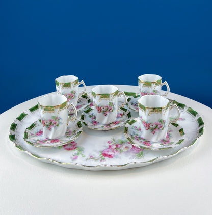 Antique Hot Chocolate or Coco Serving Set. Wild Roses Motif. Oval Hand-Painted Tray & Five Matching Cups. Anniversary Gift. Gift for Mom. - Tampa Home & Garden Store