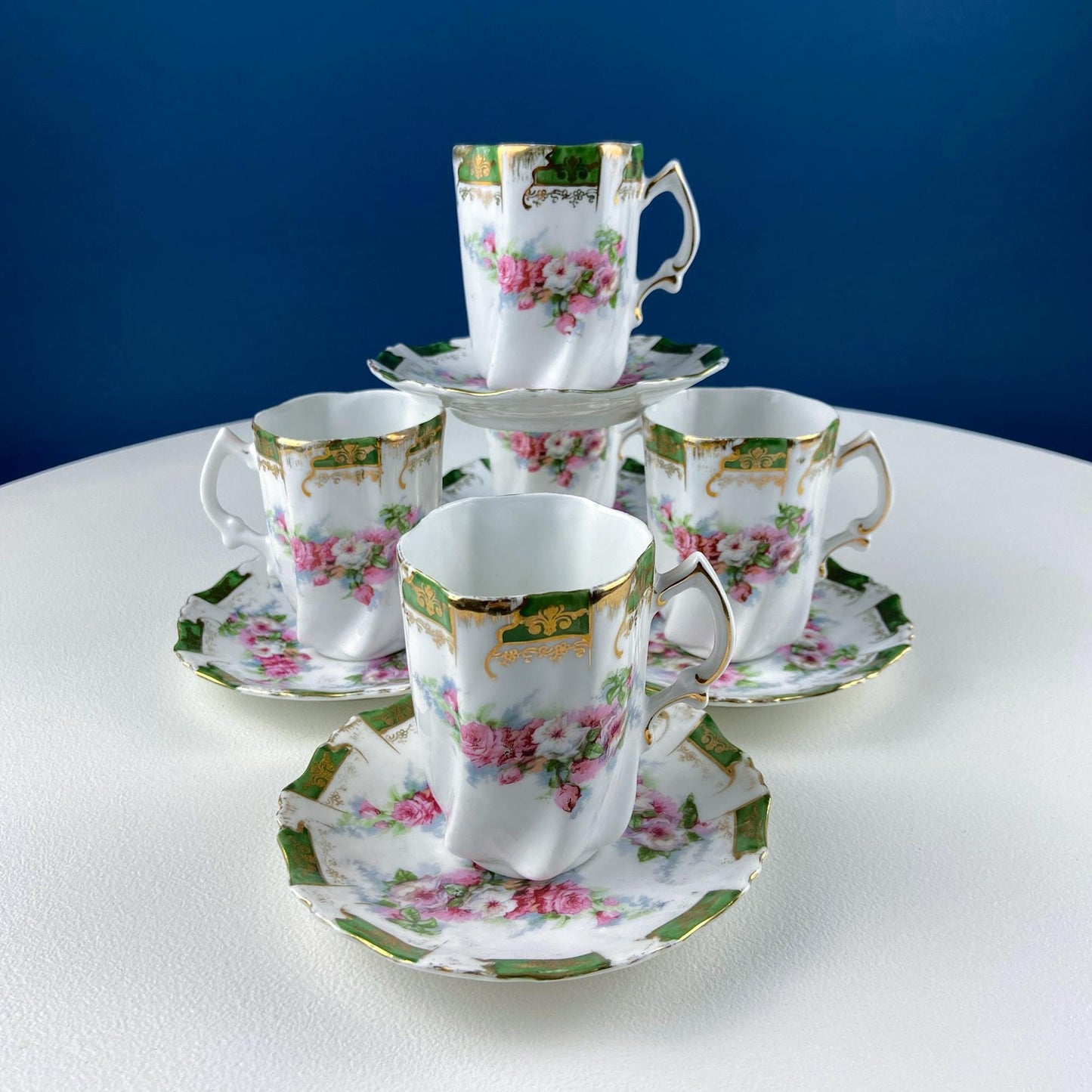 Antique Hot Chocolate or Coco Serving Set. Wild Roses Motif. Oval Hand-Painted Tray & Five Matching Cups. Anniversary Gift. Gift for Mom. - Tampa Home & Garden Store