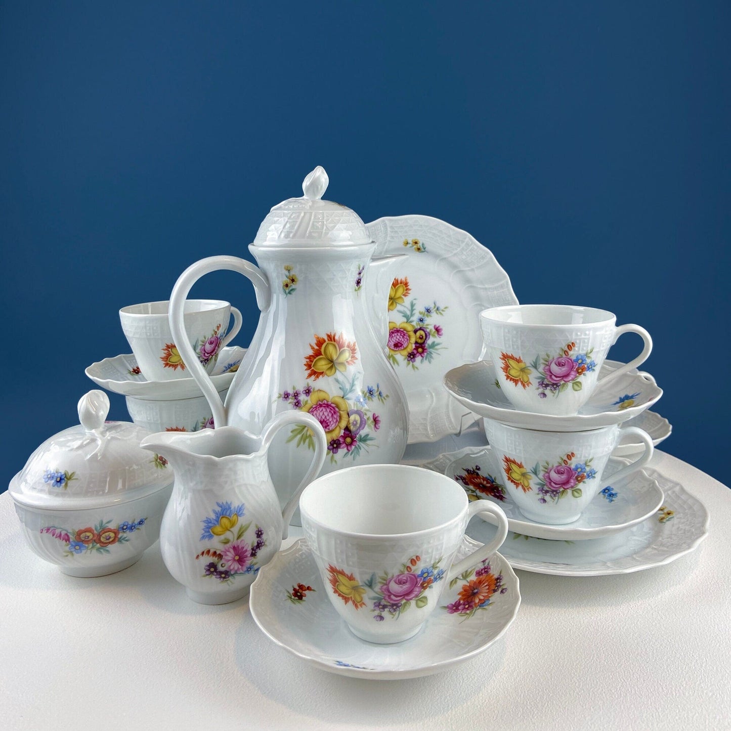 Antique Hutschenreuther Porcelain Coffee Set. Coffee or Teapot, Sugar Jar, Creamer, 2 8" Dessert Plates, & 6 Tea Cups/Saucers. Floral Motif. - Tampa Home & Garden Store