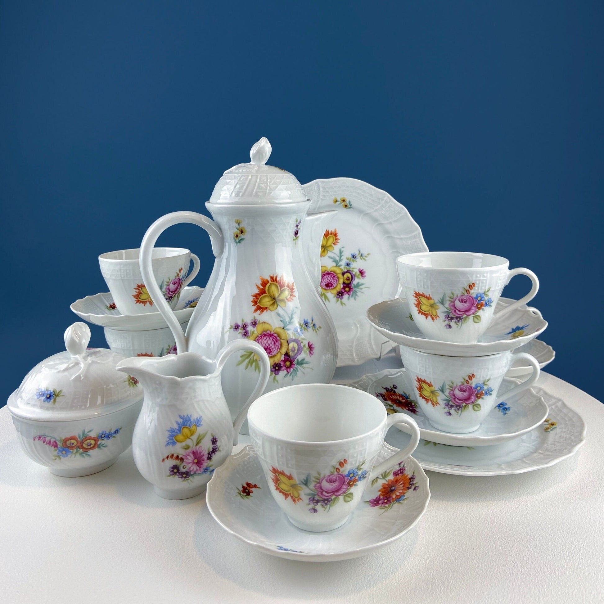 Antique Hutschenreuther Porcelain Coffee Set. Coffee or Teapot, Sugar Jar, Creamer, 2 8" Dessert Plates, & 6 Tea Cups/Saucers. Floral Motif. - Tampa Home & Garden Store