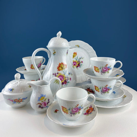 Antique Hutschenreuther Porcelain Coffee Set. Coffee or Teapot, Sugar Jar, Creamer, 2 8" Dessert Plates, & 6 Tea Cups/Saucers. Floral Motif. - Tampa Home & Garden Store