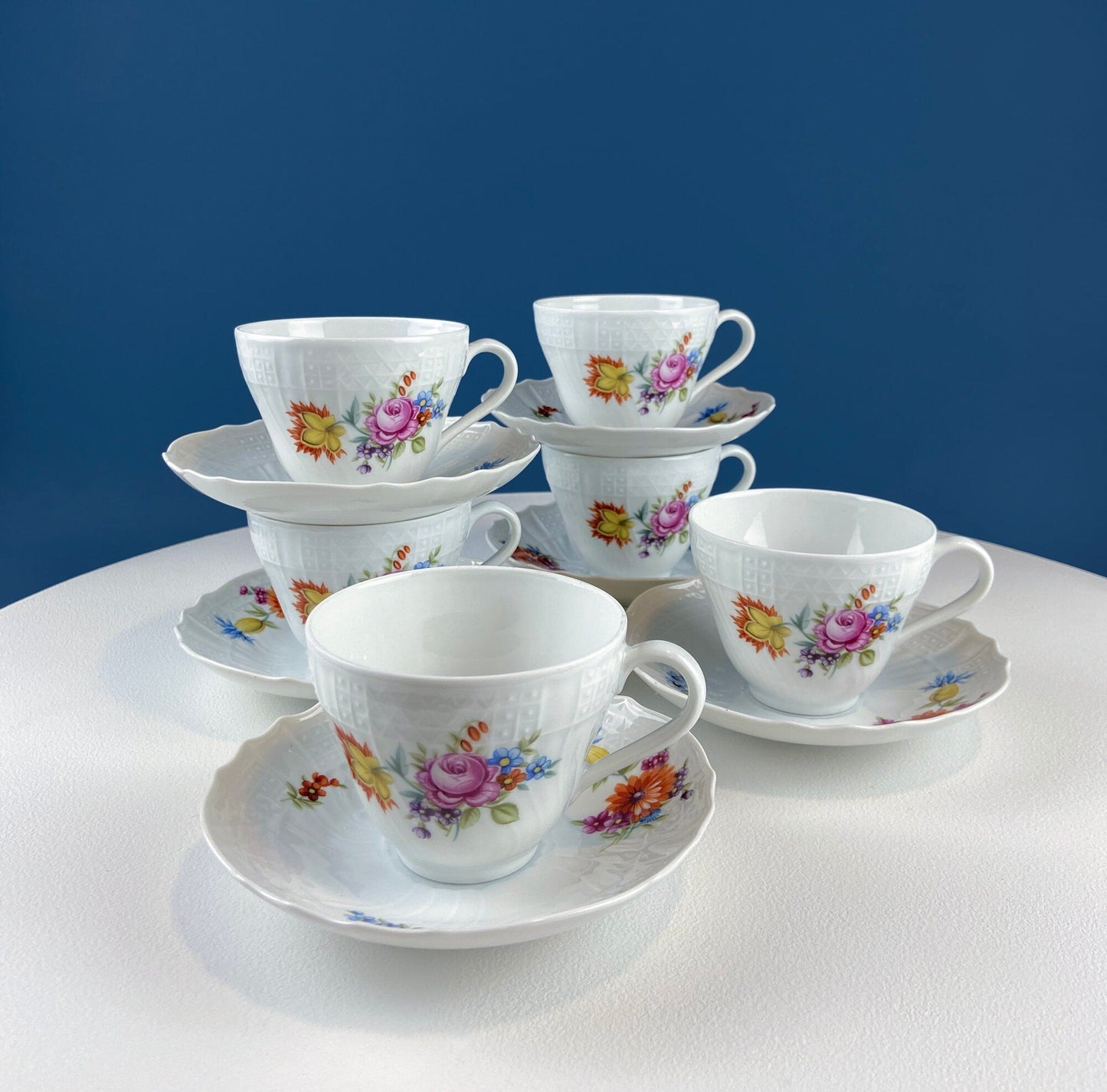 Antique Hutschenreuther Porcelain Coffee Set. Coffee or Teapot, Sugar Jar, Creamer, 2 8" Dessert Plates, & 6 Tea Cups/Saucers. Floral Motif. - Tampa Home & Garden Store