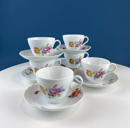 Antique Hutschenreuther Porcelain Coffee Set. Coffee or Teapot, Sugar Jar, Creamer, 2 8" Dessert Plates, & 6 Tea Cups/Saucers. Floral Motif. - Tampa Home & Garden Store
