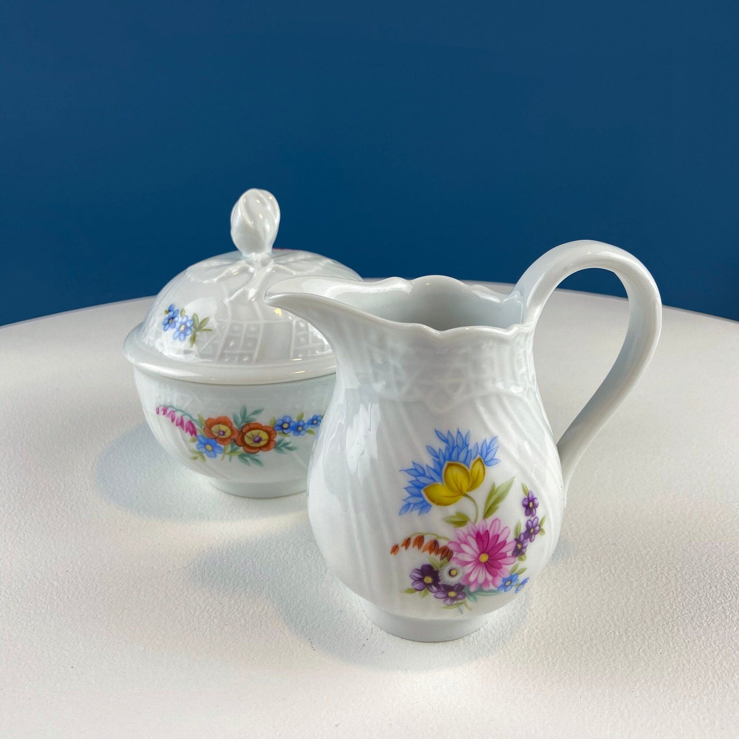 Antique Hutschenreuther Porcelain Coffee Set. Coffee or Teapot, Sugar Jar, Creamer, 2 8" Dessert Plates, & 6 Tea Cups/Saucers. Floral Motif. - Tampa Home & Garden Store