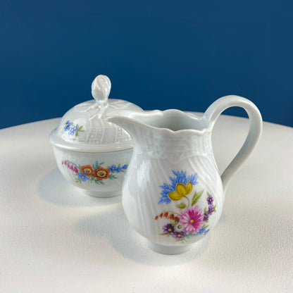 Antique Hutschenreuther Porcelain Coffee Set. Coffee or Teapot, Sugar Jar, Creamer, 2 8" Dessert Plates, & 6 Tea Cups/Saucers. Floral Motif. - Tampa Home & Garden Store