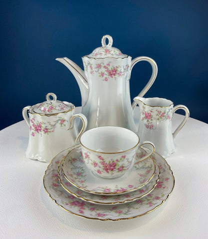 Antique Hutschenreuther Porcelain Coffee Set. Coffee or Teapot, Sugar Jar, Creamer, 2 8" Dessert Plates, & 6 Tea Cups/Saucers. Floral Motif. - Tampa Home & Garden Store