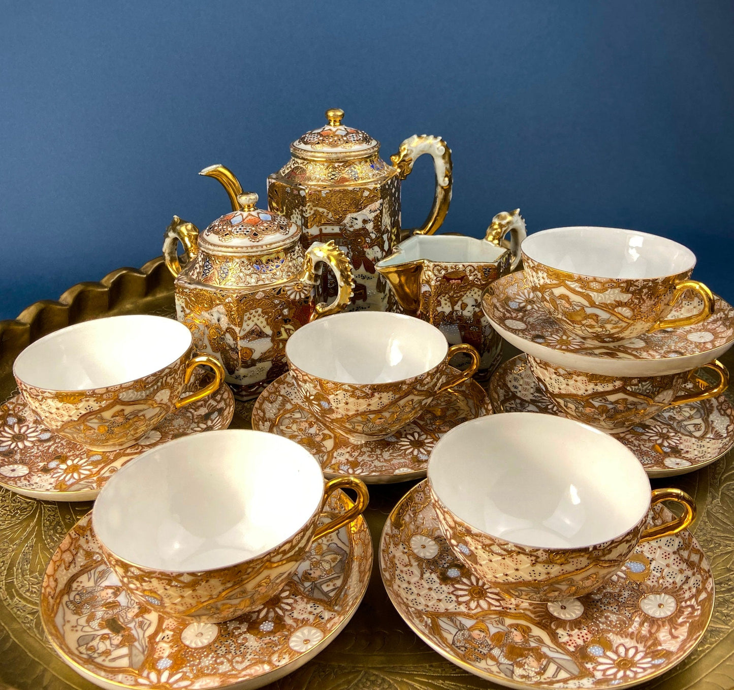 Antique Japanese Moriage Tea Cup Set. Gold Hand Painted Teaware with Teapot, Sugar Bowl, Creamer, and Six Japanese Tea Cups. - Tampa Home & Garden Store